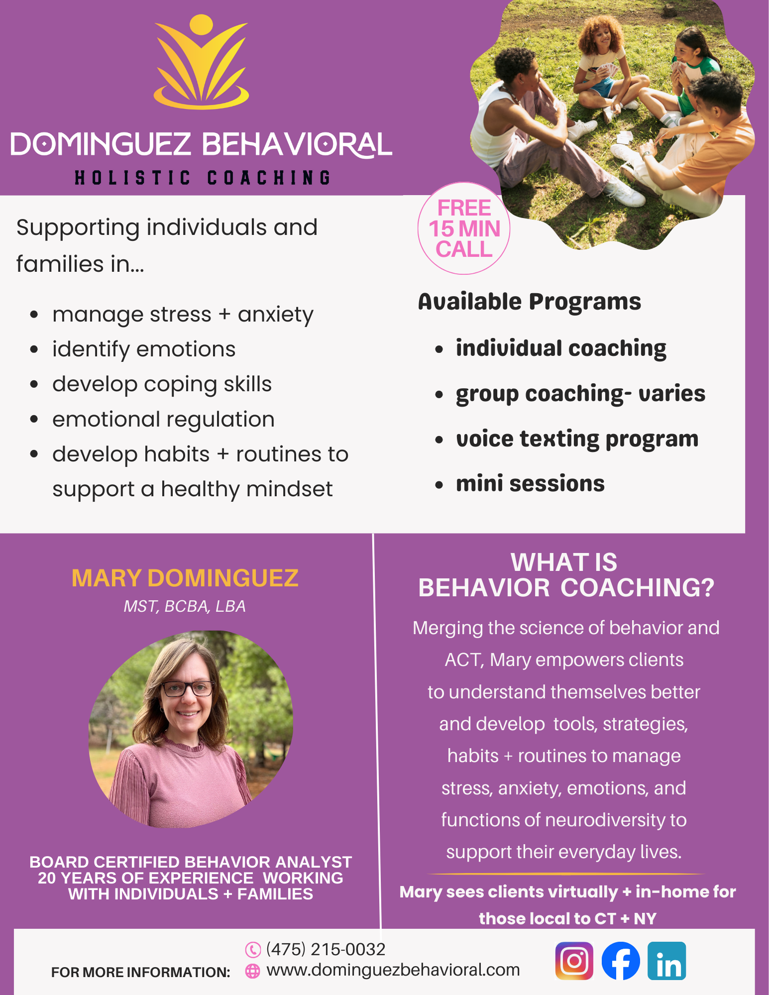 behavior coaching services for adults, individuals, and families. Services include managing stress and anxiety, emotional regulation, coping skills, habits and routines, individual coaching, group coaching, and virtual services. adhd, adult adhd