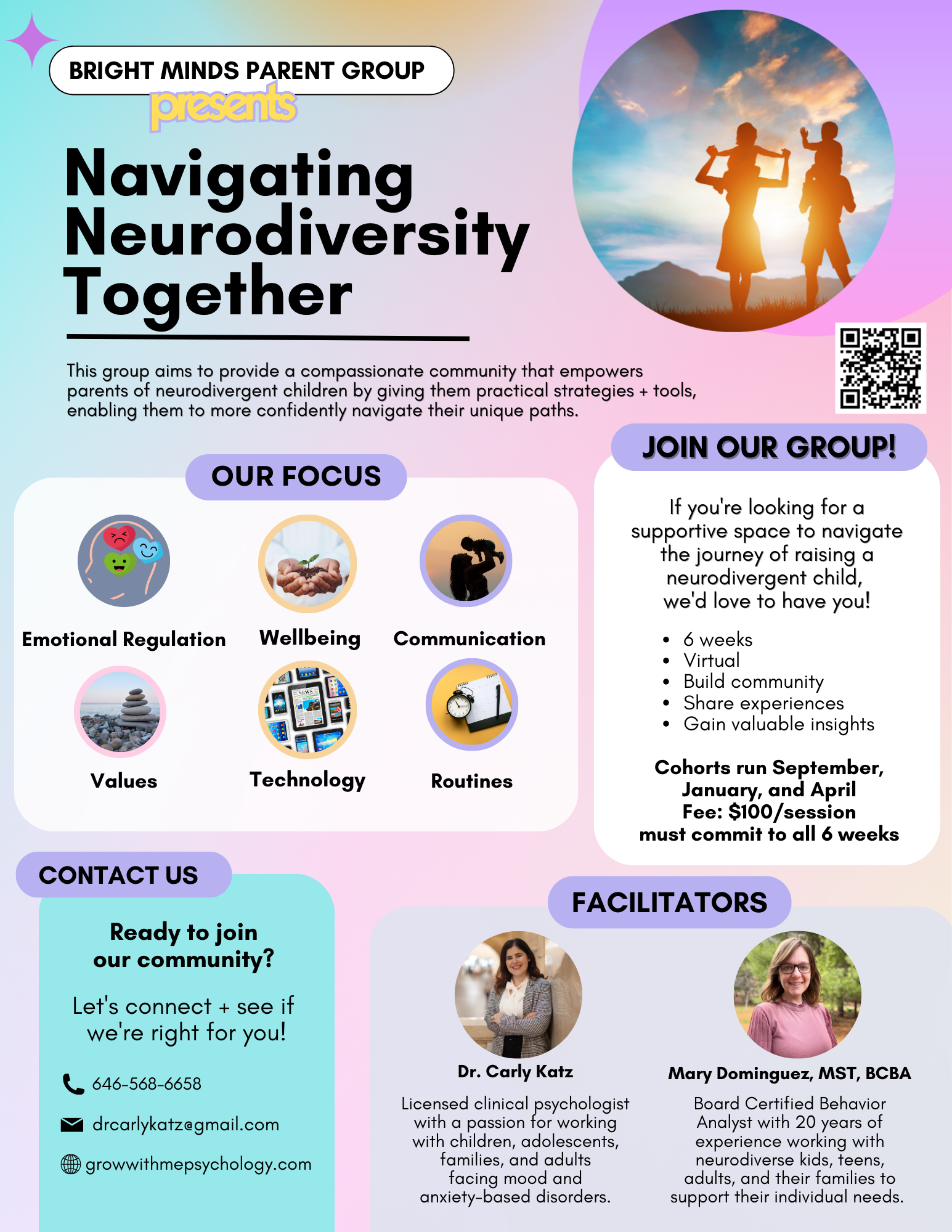 parent support group emotional regulation, wellbeing, communication, values, technology, and routines. It invites parents of neurodivergent children to join a 6-week virtual cohort. adhd, asd, autism