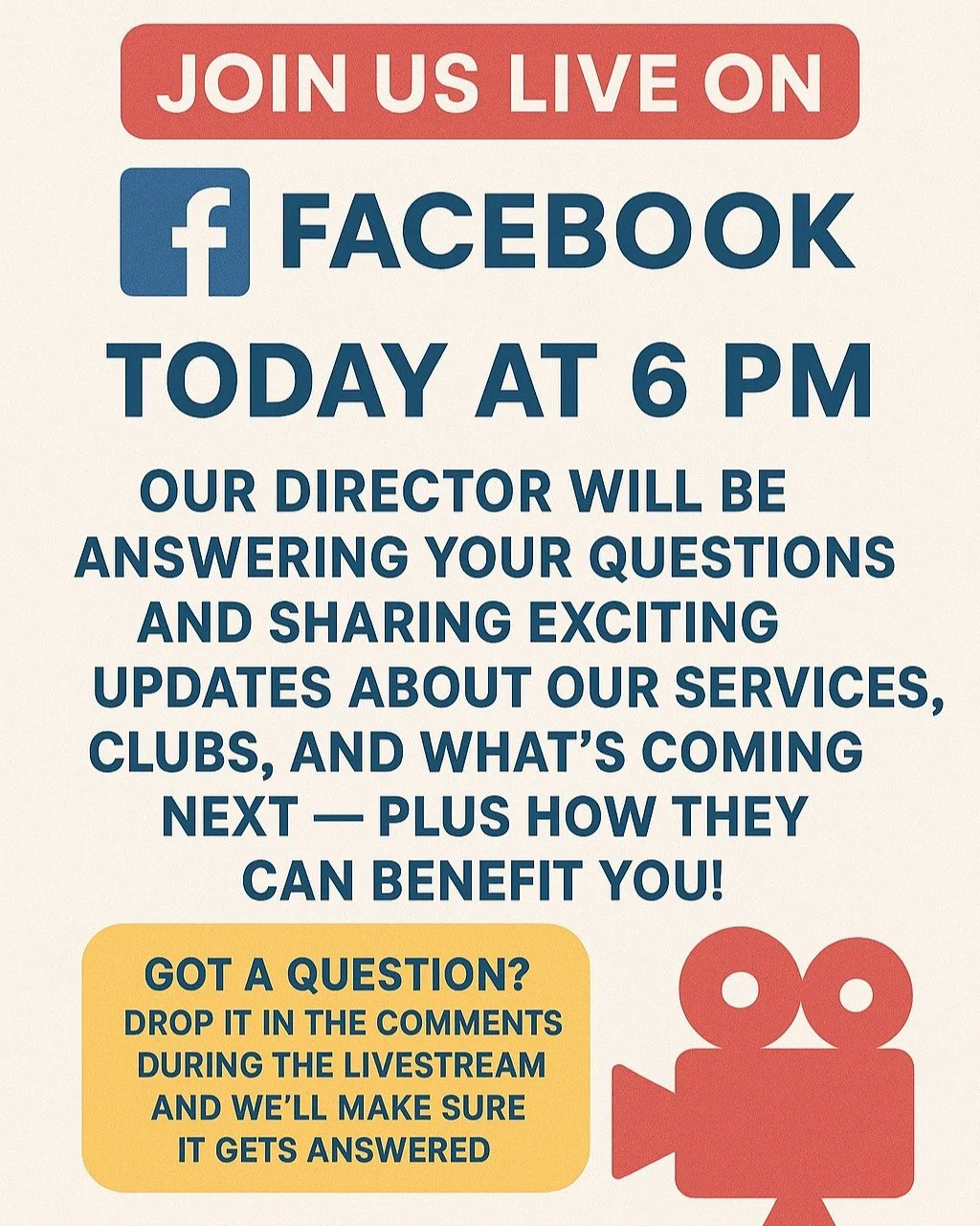 📣 Join Us LIVE on Facebook!

We&rsquo;re going live today at 6 PM! 🎥
Our Director will be answering your questions and sharing exciting updates about our services, clubs, and what&rsquo;s coming next &mdash; plus how they can benefit you!

💬 Got a