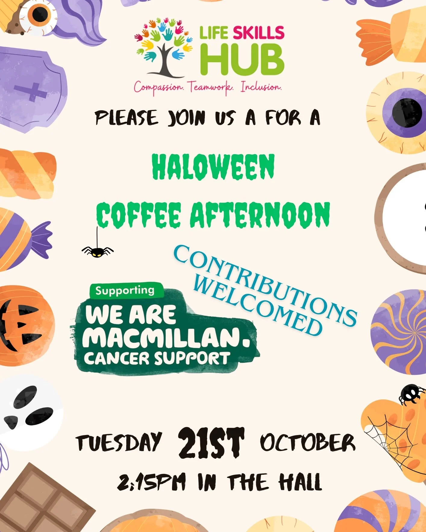 ⏰🎃 Just 1 Day to Go!

SAVE THE DATE! parents/carers!

We&rsquo;d love you to join us for a spooky Halloween Coffee Afternoon.
☕ Halloween Coffee Afternoon
📅 Tuesday 21st October
🕑 2:15pm &ndash; at LSH central
💚 Supporting Macmillan Cancer Suppor