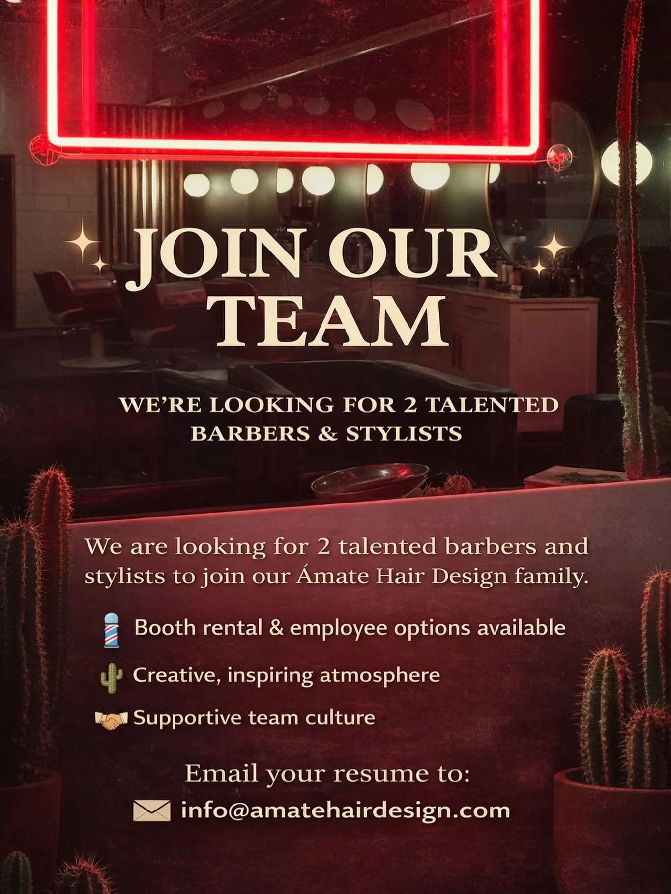 ✨ JOIN OUR TEAM ✨

We&rsquo;re growing&mdash;and we want YOU to grow with us.

&Aacute;mate Hair Design is looking for 2 talented, licensed barbers and stylists to join our creative, community-driven space. If you&rsquo;re passionate about your craft