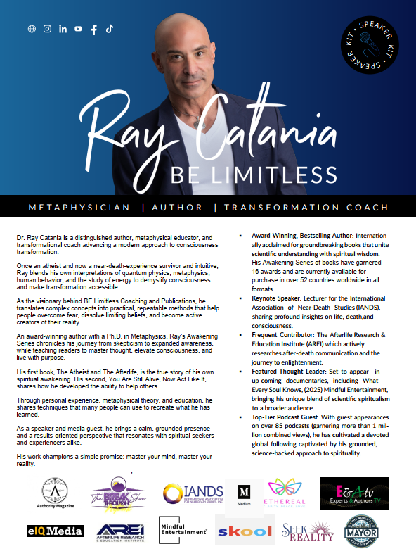 Promotional speaker one sheet for Dr. Ray Catania featuring his photo, biography, and achievements related to spiritual awakening and consciousness transformation.