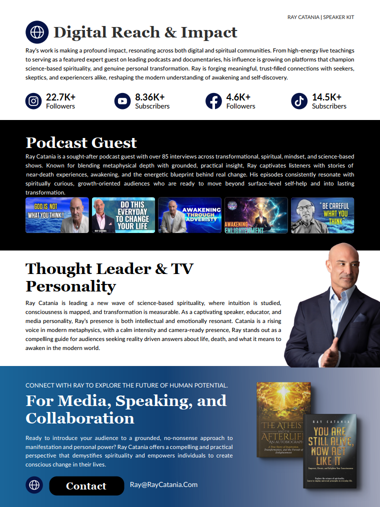 Dr. Ray Catania speaker one sheet, page two: podcast reach, audience stats, and booking contact.