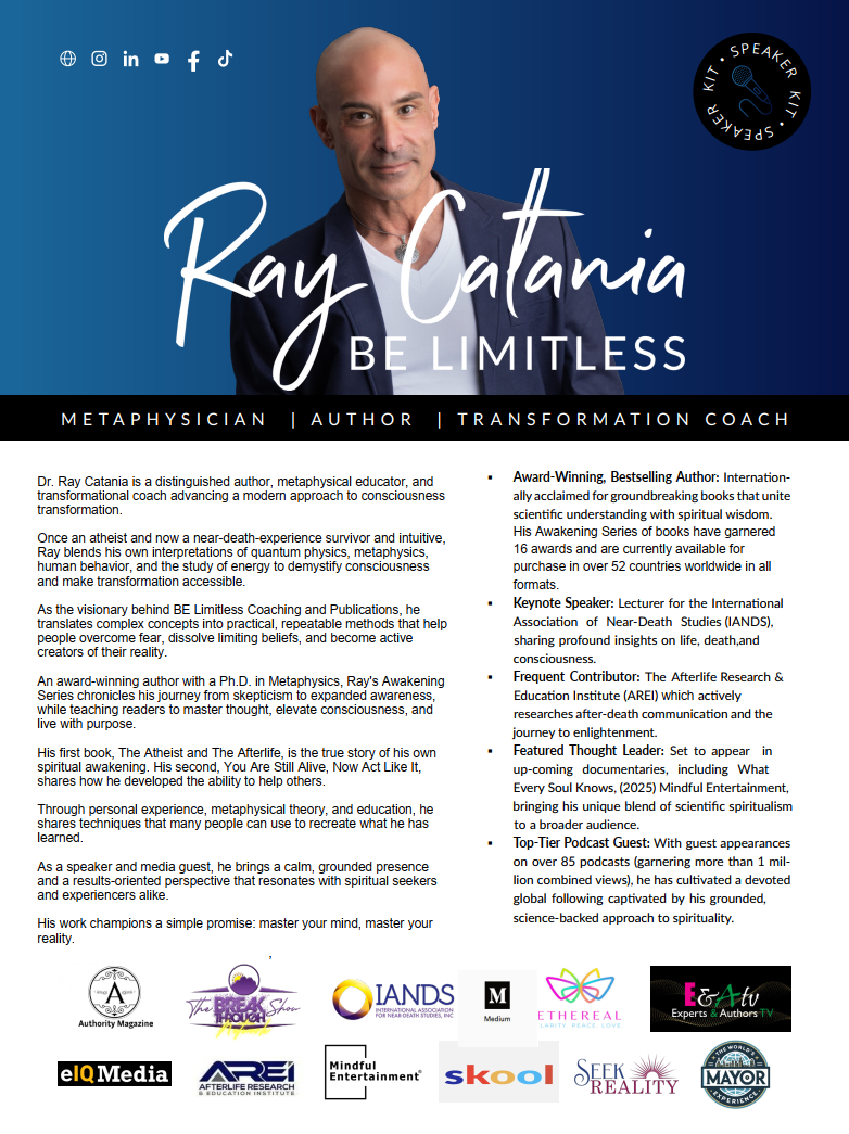 Dr. Ray Catania speaker one sheet, page one: bio, credentials, and speaking topics.