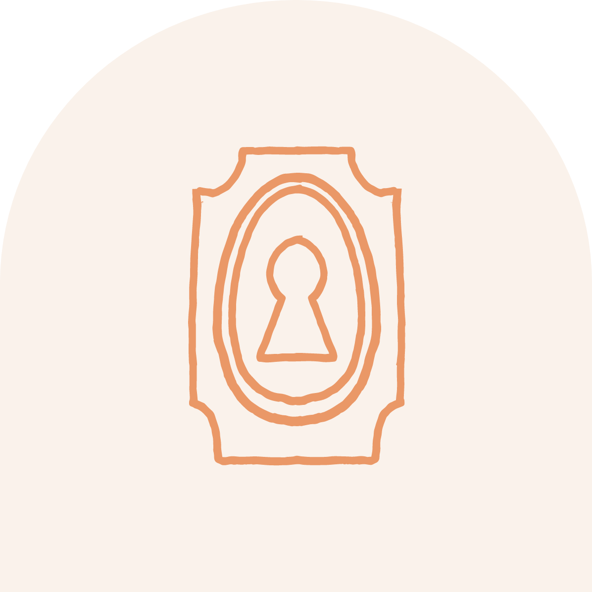 Simple line drawing of a keyhole on a decorative plaque, drawn with peach-colored lines on a light background.
