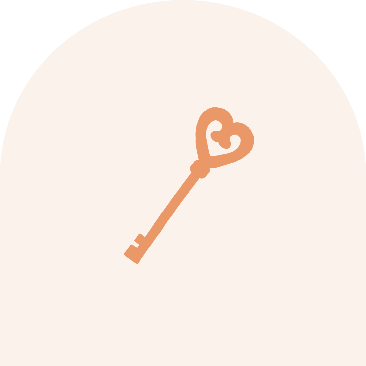 A light brown key with a heart-shaped bow on a soft off-white background.