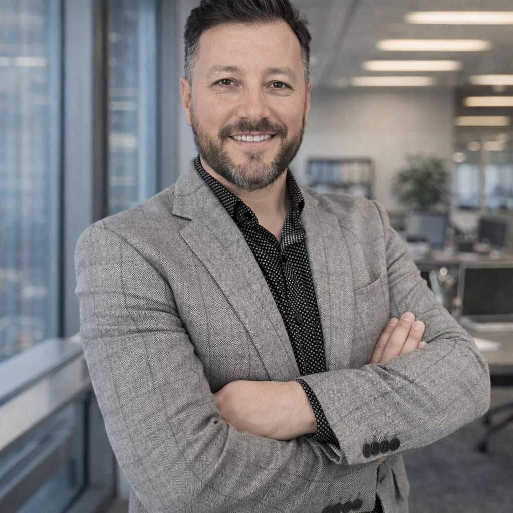 Man in a blazer with arms crossed, smiling in a monochrome image.