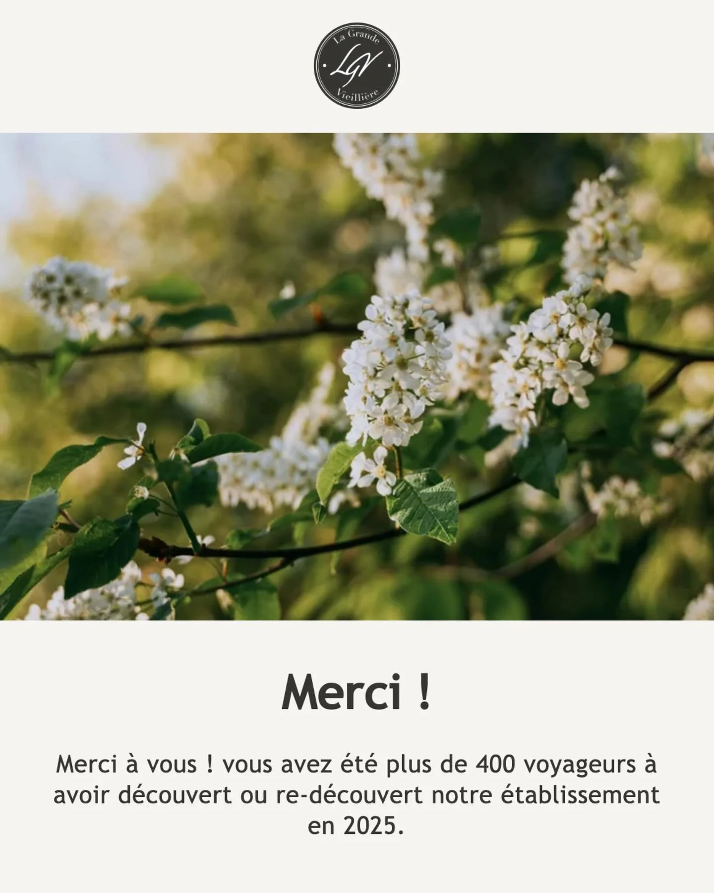 Merci !

En 2025, vous avez &eacute;t&eacute; 407 voyageurs &agrave; s&eacute;journer dans nos chambres d&rsquo;h&ocirc;tes, et nous souhaitions vous remercier chaleureusement. Gr&acirc;ce &agrave; vous, cette ancienne closerie, endormie depuis 1947,
