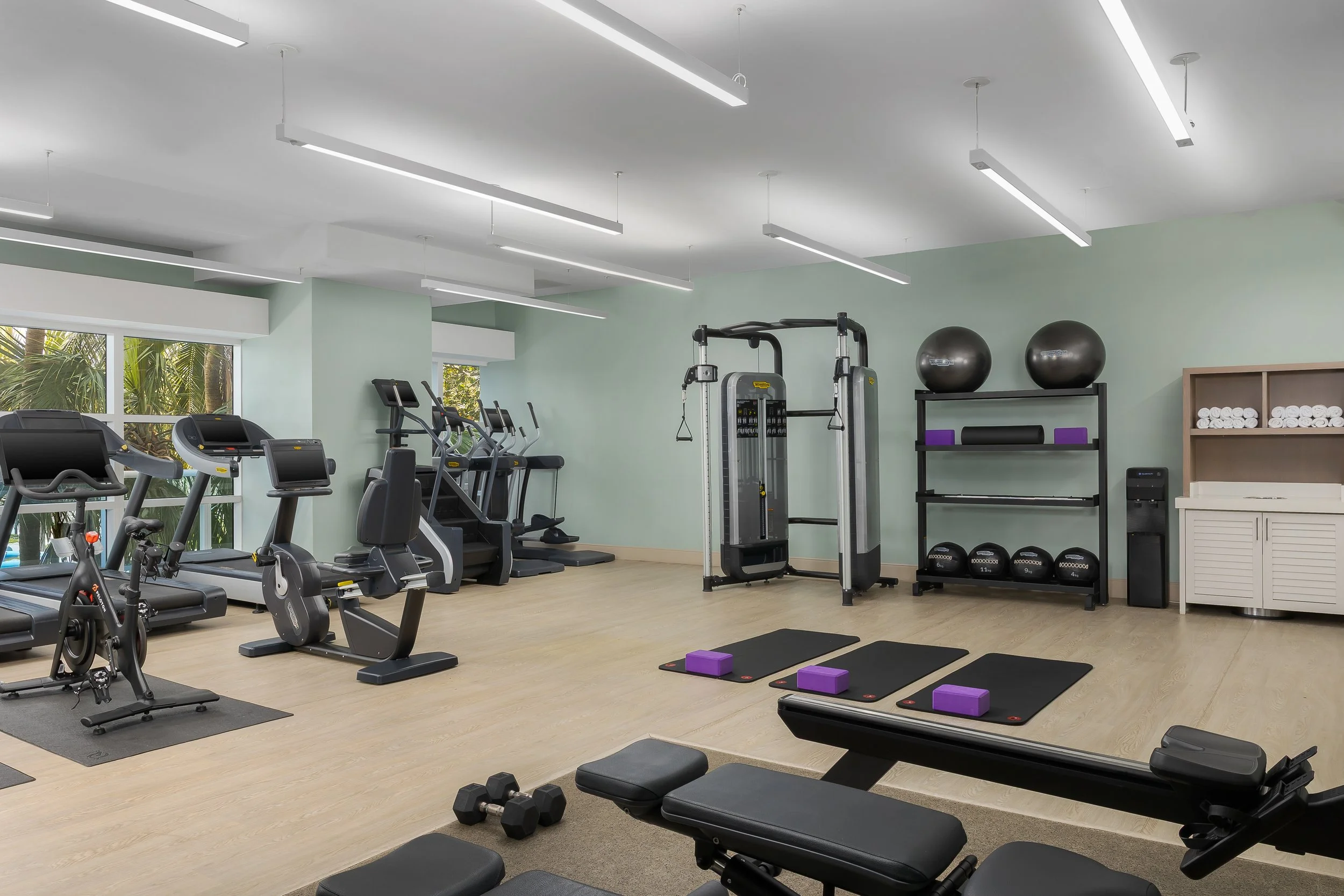 A modern gym with several treadmills, ellipticals, and weight machines. There are large windows showing greenery outside, and fitness equipment like stability balls, dumbbells, and yoga mats are arranged on shelves.