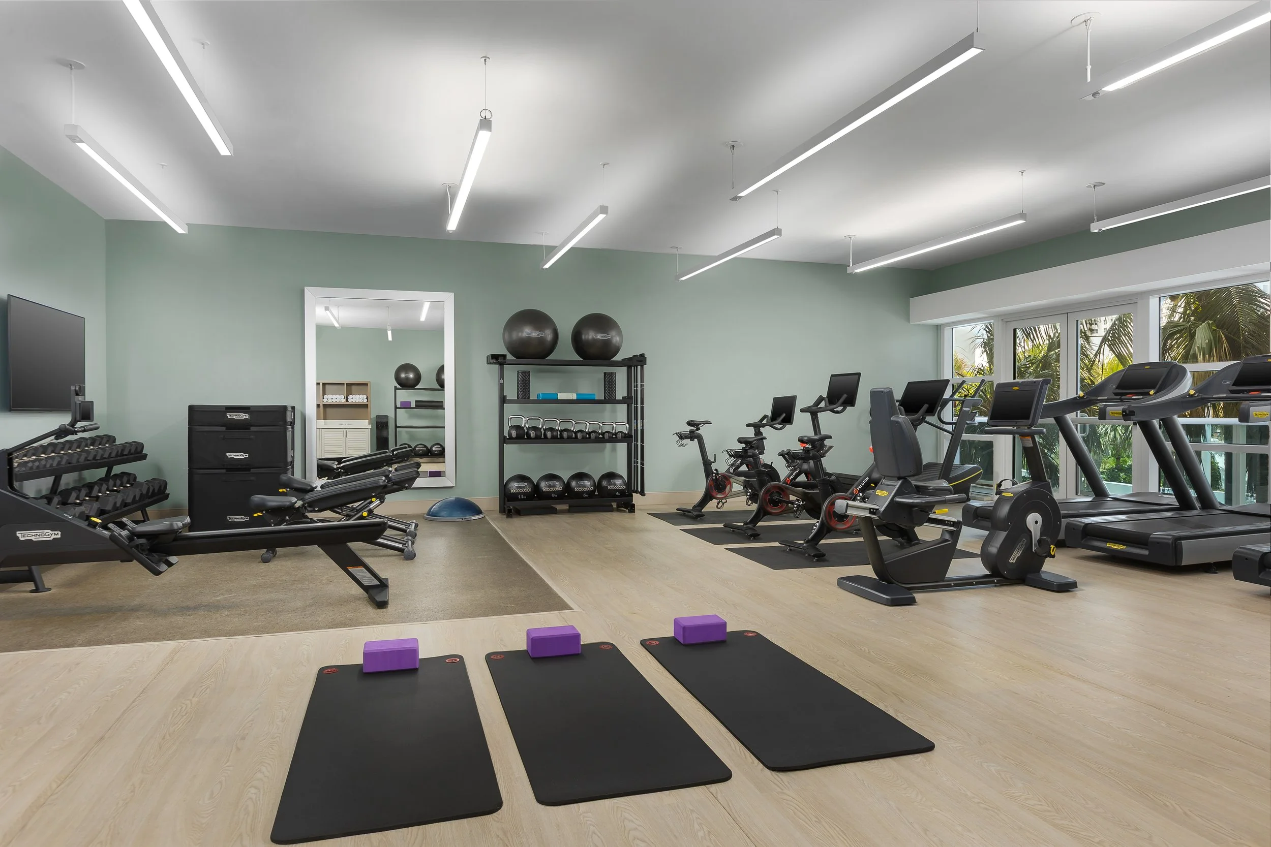 Empty gym with exercise equipment including treadmills, stationary bikes, weights, stability balls, and yoga mats with purple blocks, large windows showing outdoor greenery, and modern ceiling lights.