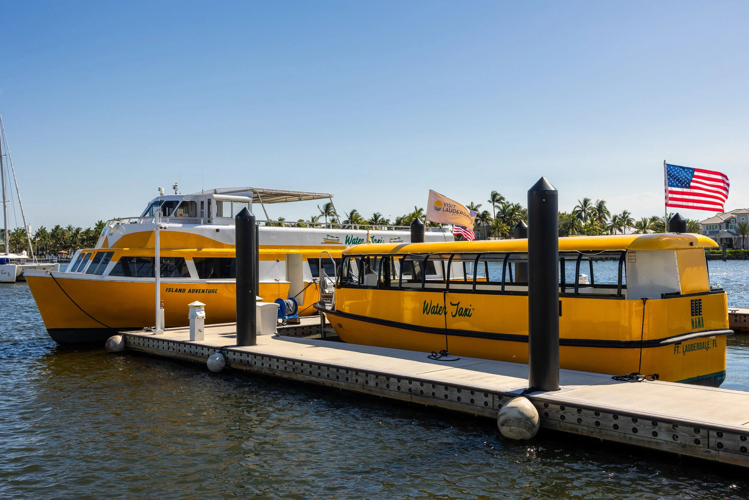 Yellow water taxis docked at a marina in Fort Lauderdale, Florida, with American flags and palm trees in the background.