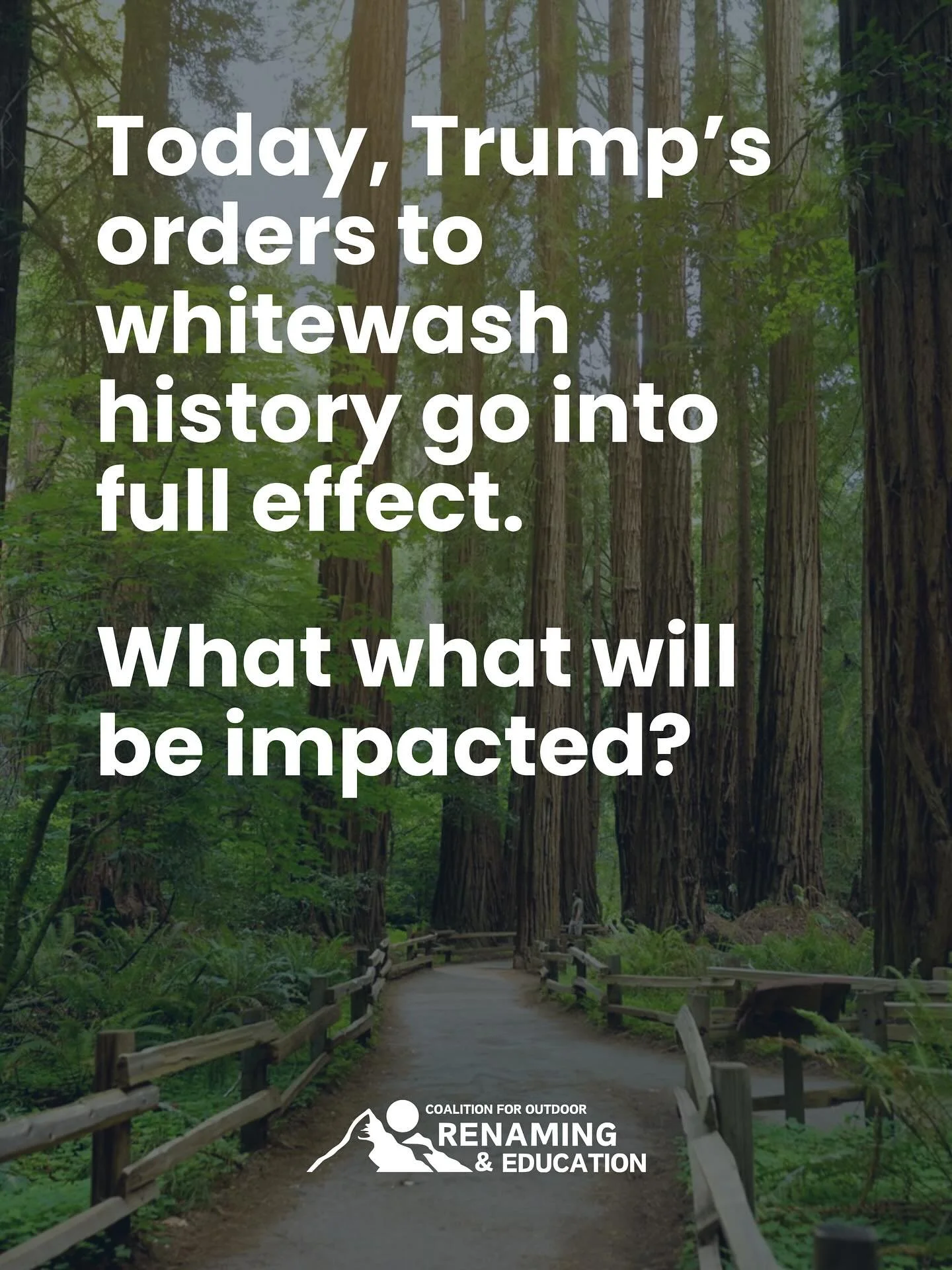 Today Trump’s orders to whitewash history goes into full effect. SO 3431 ordered public lands staff to review signage for content that “disparages” Americans. Today is the date by which signage is set to be removed or replaced. 
Sw