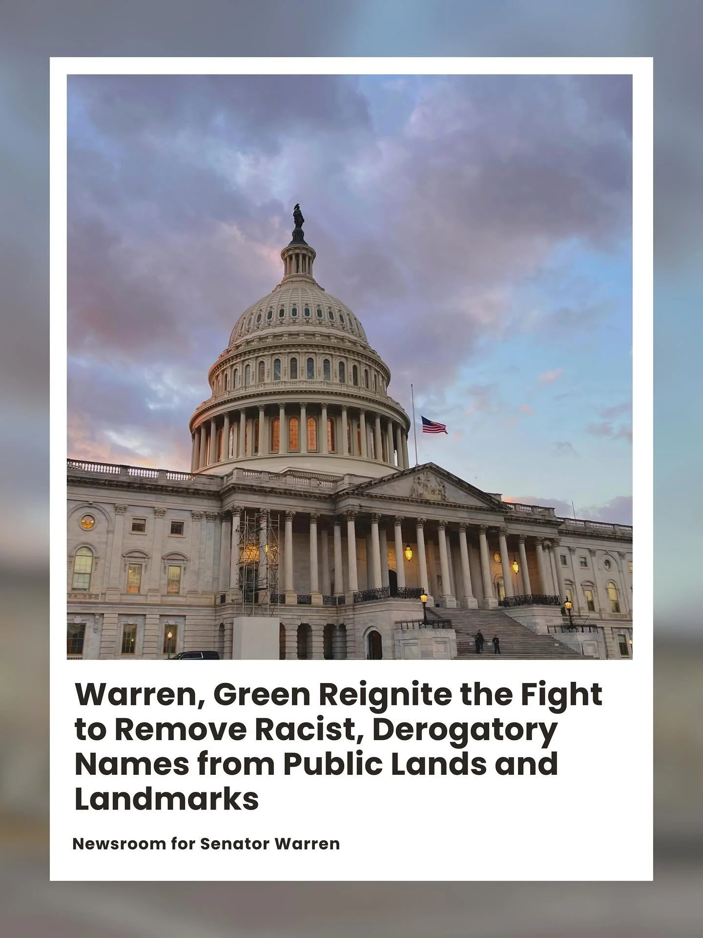 @senwarren and @repalgreen have reintroduced the Reconciliation in Place Names Act, critical legislation that would remove racist and bigoted names from American landscapes. Read more at the link in our bio.