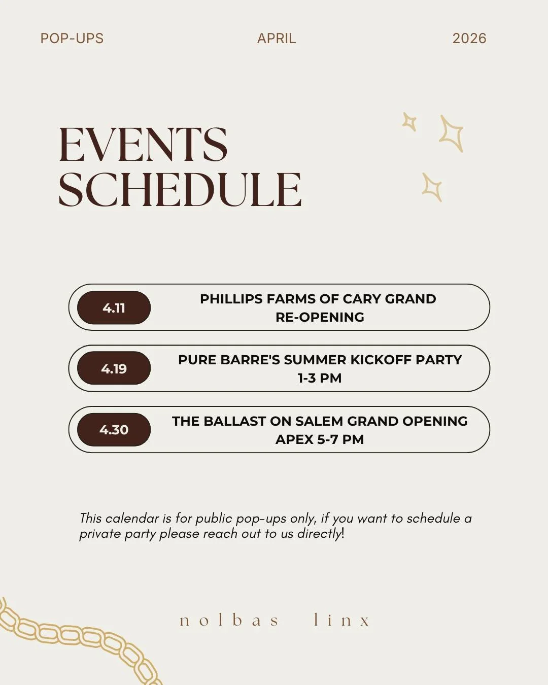 April with Nolbas Linx ✨

Here&rsquo;s where you can experience Nolbas Linx locally this month:

⚡️ 4.11 Grand Re-opening @phillipsfarmsofcary 

⚡️ 4.19 Pure Barre's Summer Kickoff Party @purebarrechapelhill_durham @thebarnatvino.nc 

⚡️ 4.30 The Bal