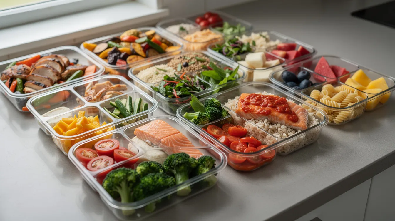 A close-up view of several neatly organized meal prep contianers filled with a variety of foods, highlighting the careful planning often associated with managing body weight that can lead to eating disorders in bodybuilders.