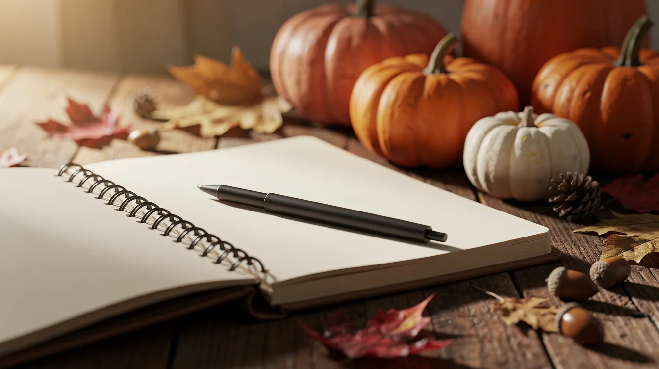 An eating disorder therapy journal sitting on a table next to pumpkins for halloween, representing the need to plan ahead for eating disorder treatment in athletes during the halloween season.