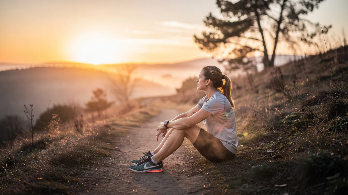 A female runner sitting on a trail contemplating her performance anxiety and how to overcome it, when she hears about runnerpalooza in haddon township, NJ.