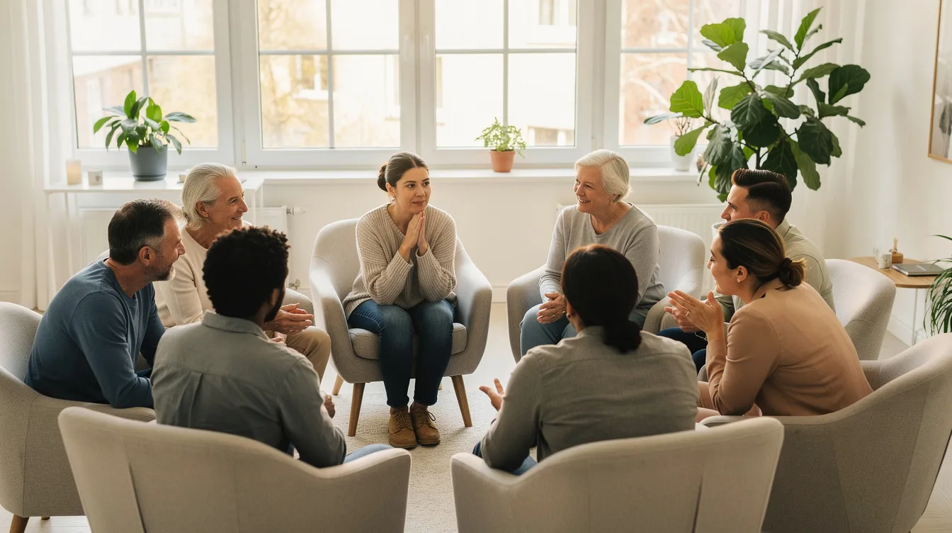 A group of adults sitting around in a circle discussing their eating disorder recovery and how prevalent eating disorders in runners are.
