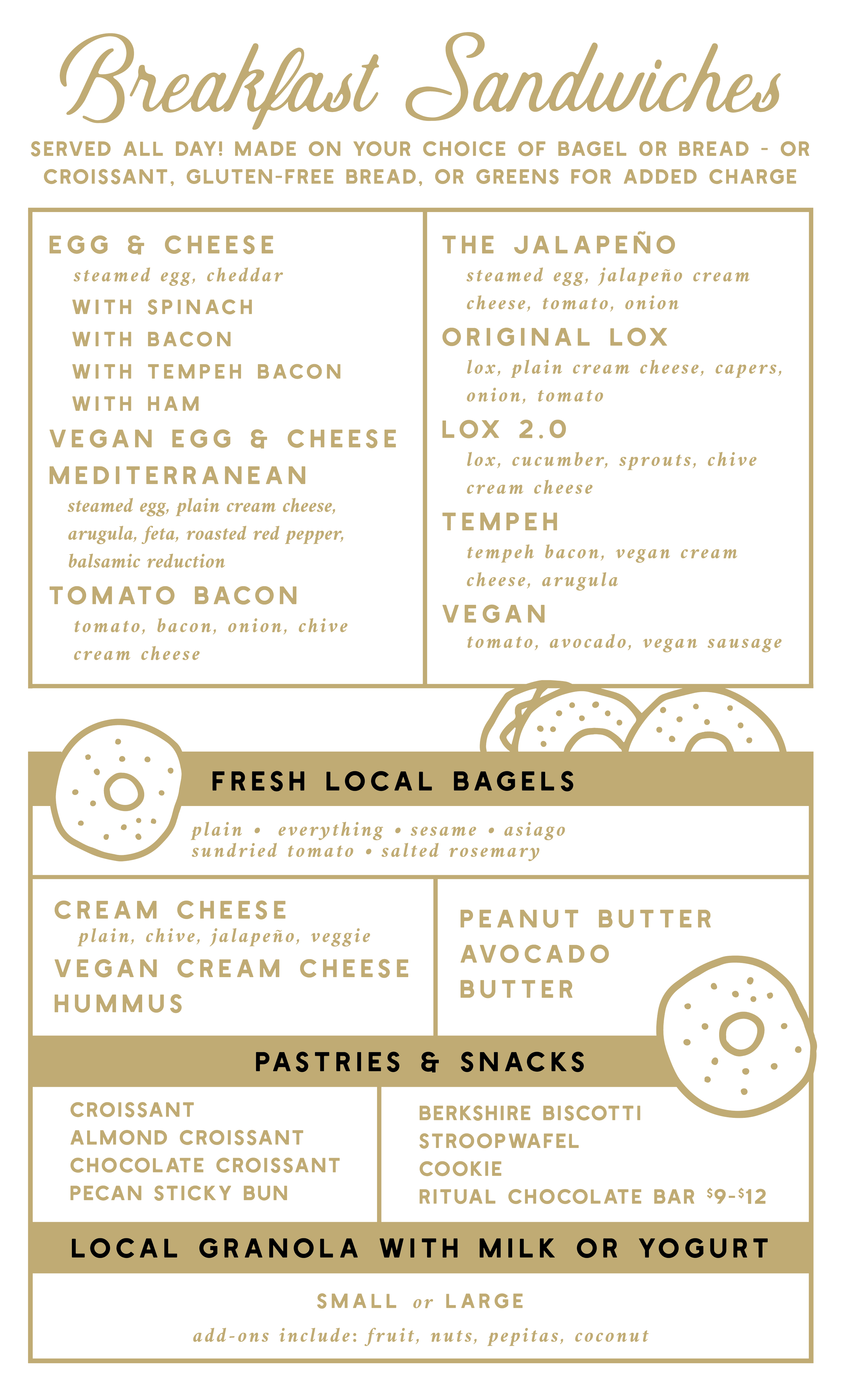 Breakfast sandwiches menu featuring options like egg & cheese, jalapeño, original lox, lox 2.0, tempeh, vegan, and various breakfast bagels with toppings.