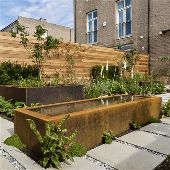 Squared corten steel pond with overflow rill 2000×800×400mm