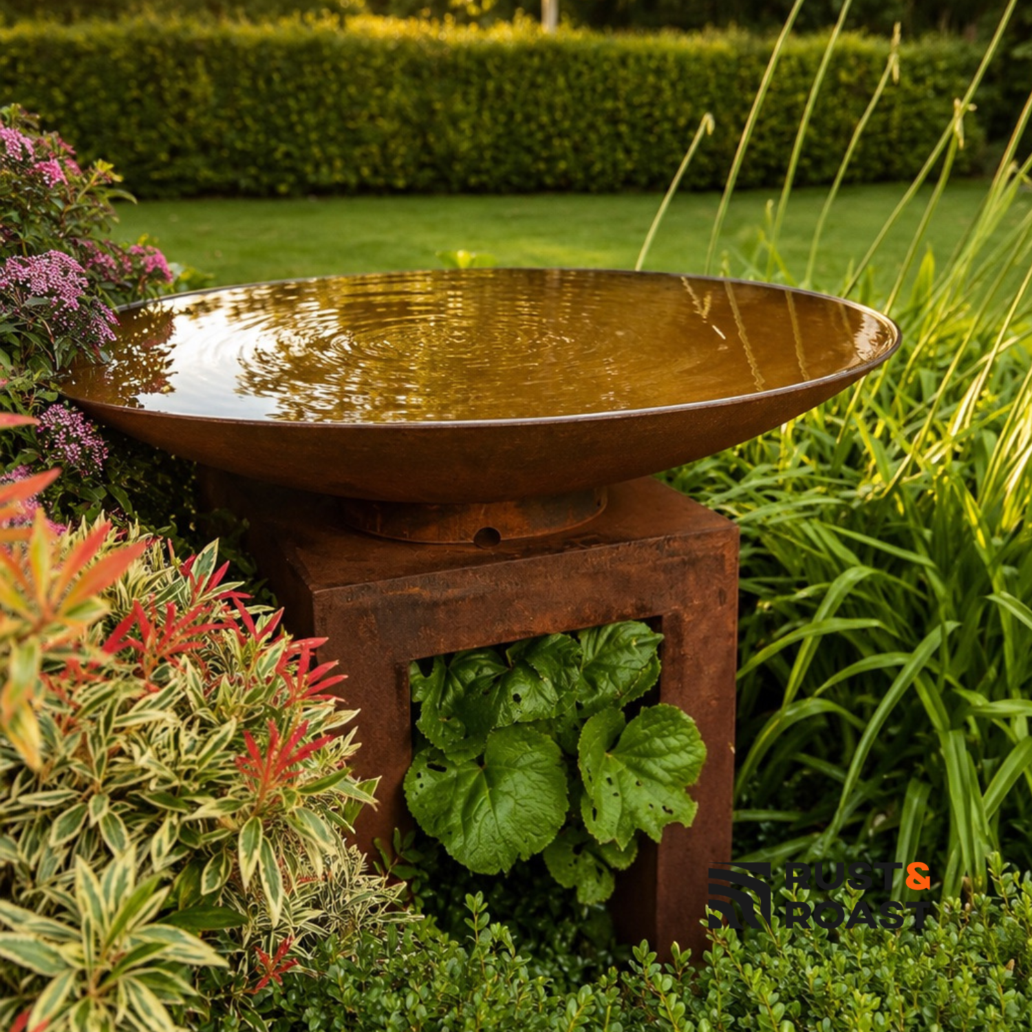 Contemporary steel water bowl with reflective water surface displayed on a Corten steel pedestal in a landscaped garden.