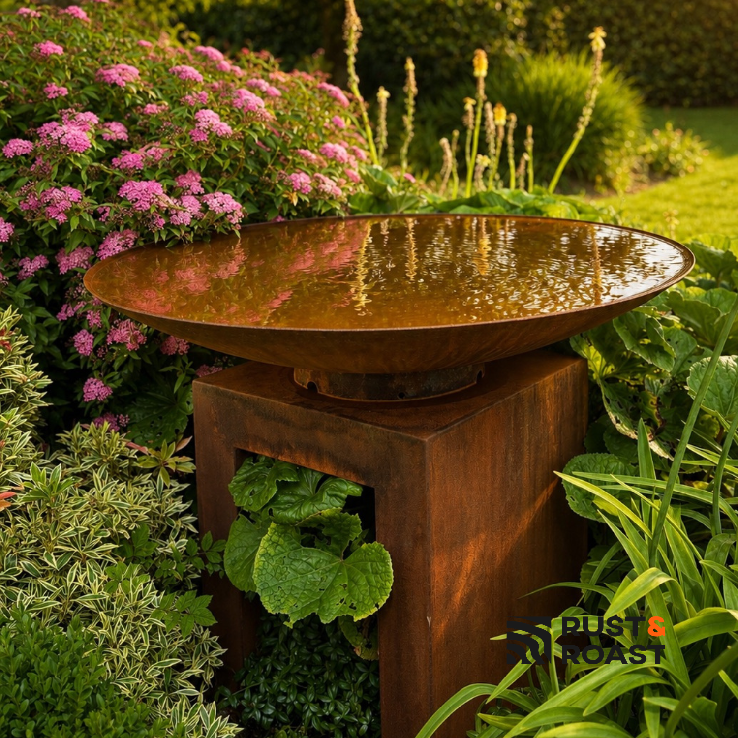 Premium steel water bowl on a Corten steel pedestal creating a contemporary garden water feature with reflective water.