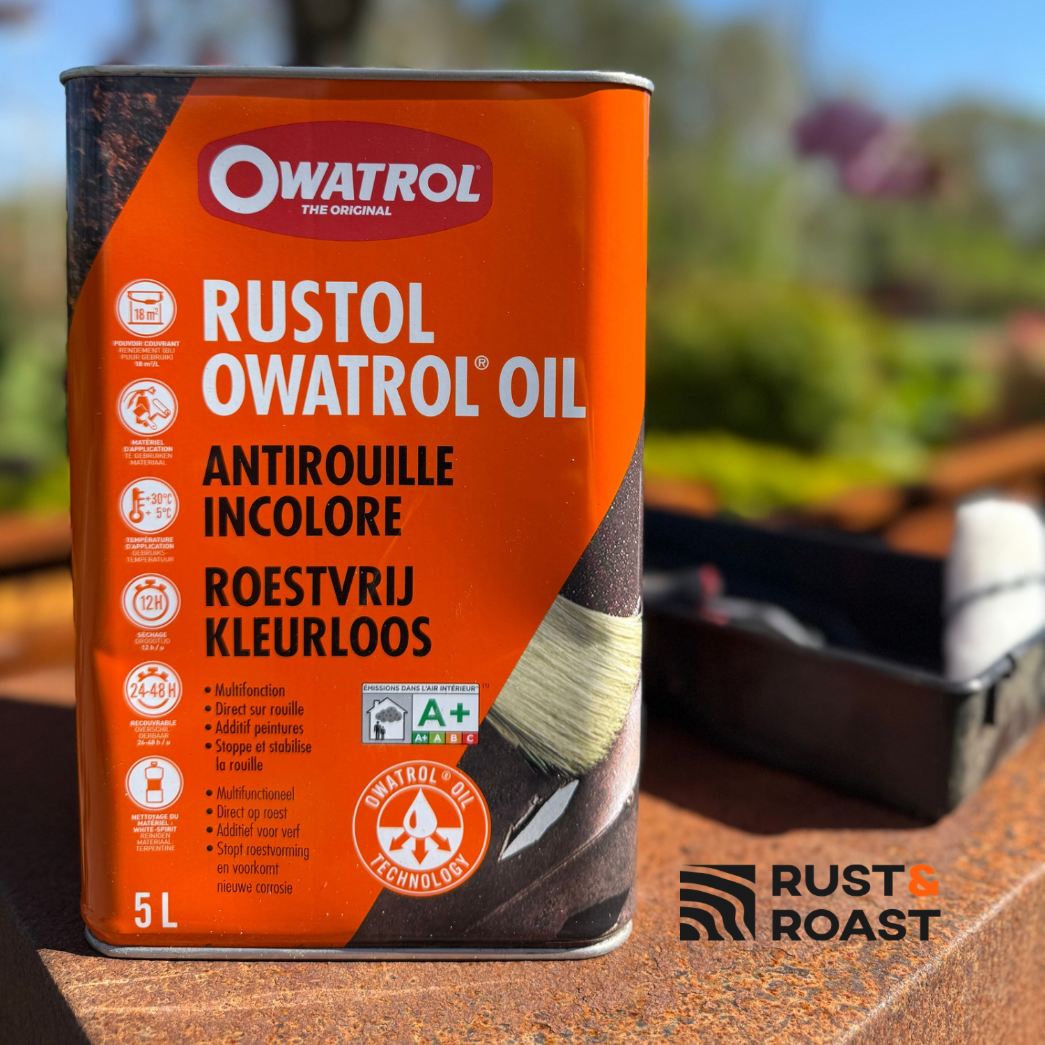 Five-litre container of Owatrol Oil for sealing weathered corten steel
