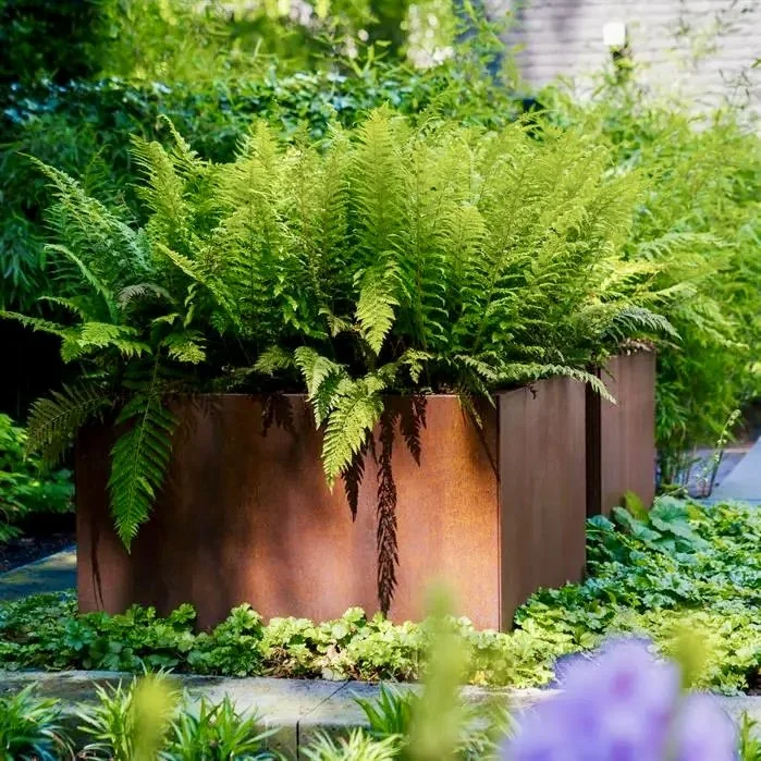 large square corten steel planter in modern UK garden