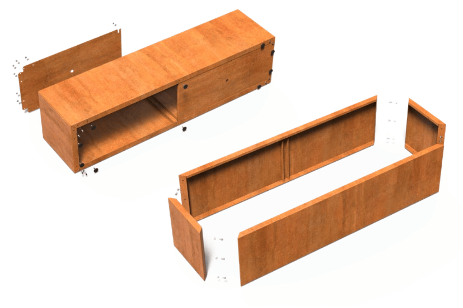 Flat-Pack rectangular corten steel planter showing modular panel assembly for restricted access gardens and narrow gate installation.
