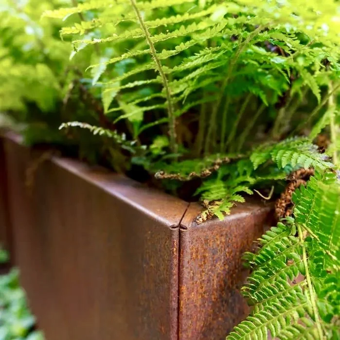 large square corten steel planter in modern UK garden