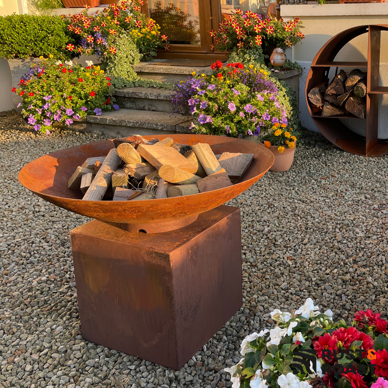 Steel Fire Bowl and Corten Steel Pedestal