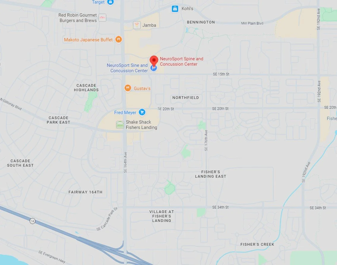Map showing the location of NeuroSport Spine and Concussion Center near SE 15th St in Vancouver, Washington, with nearby landmarks including Fred Meyer, Shake Shack Fishers Landing, and several restaurants and neighborhoods.