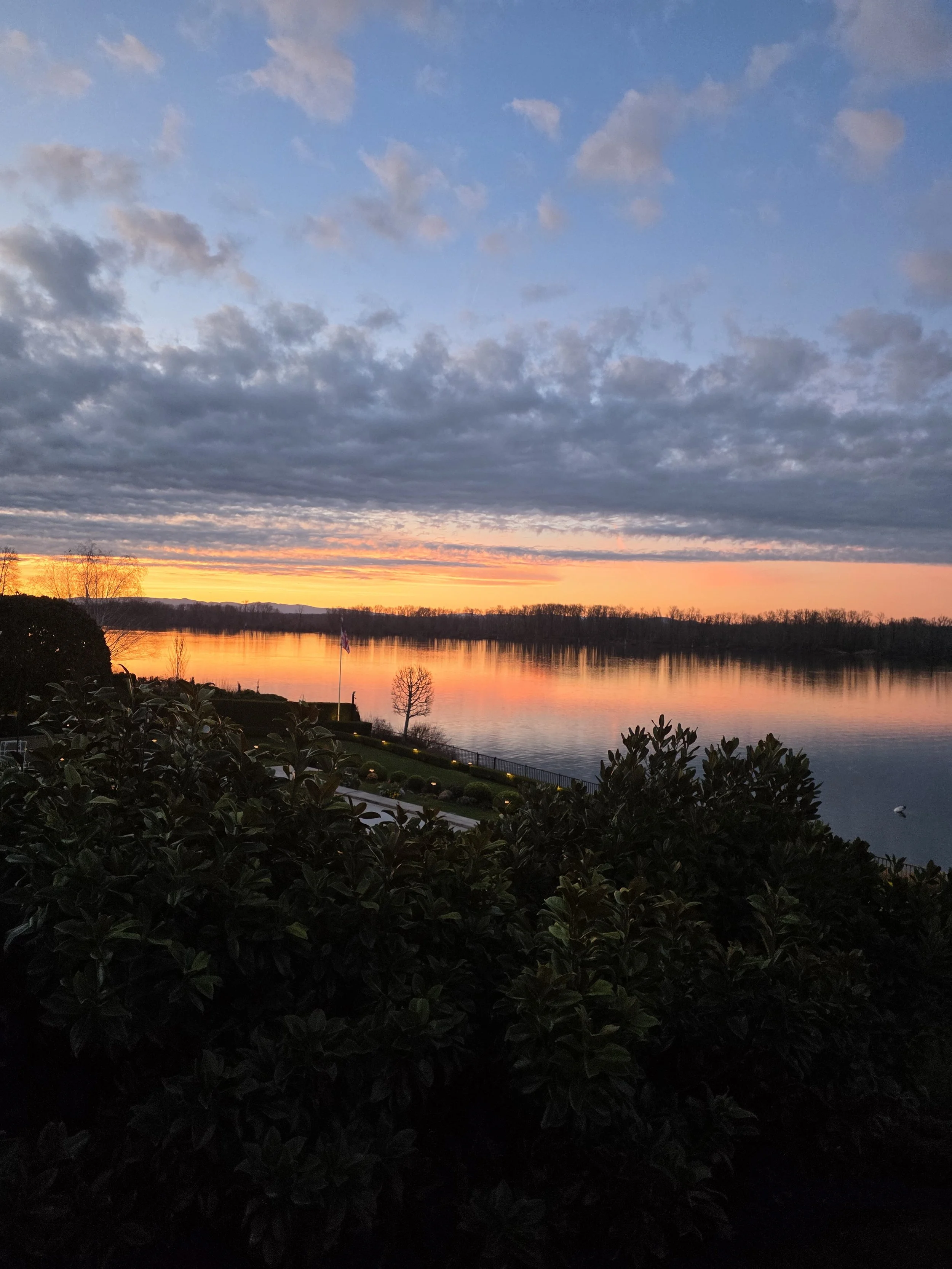 A serene sunset over a calm river, with cloudy skies and silhouetted trees and bushes in the foreground.