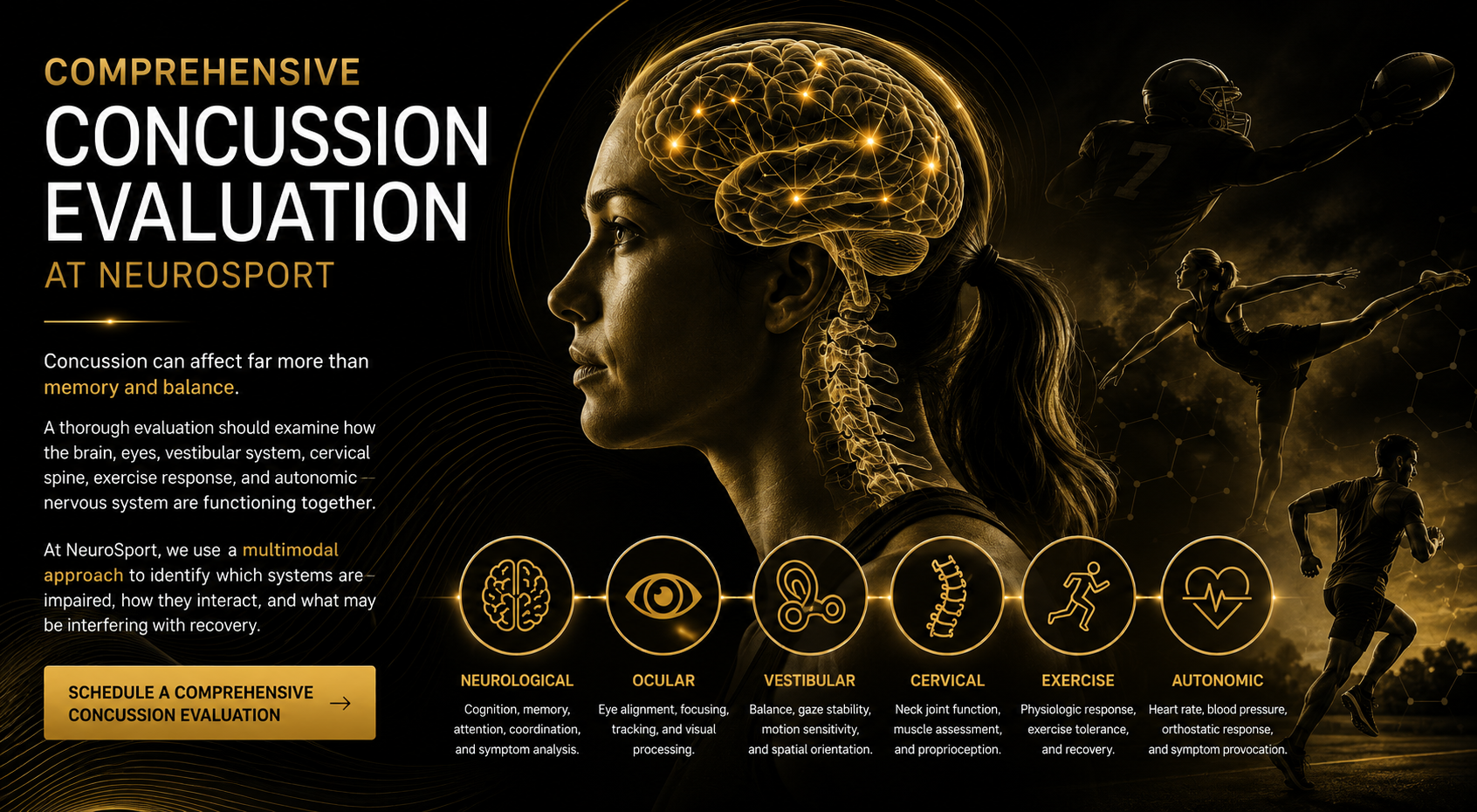 Infographic presentation on comprehensive concussion evaluation at NeuroSport, featuring a woman with a highlighted brain and spine, and athletes playing football, soccer, and running. Includes icons for neurological, ocular, vestibular, cervical, exercise, and autonomic systems.