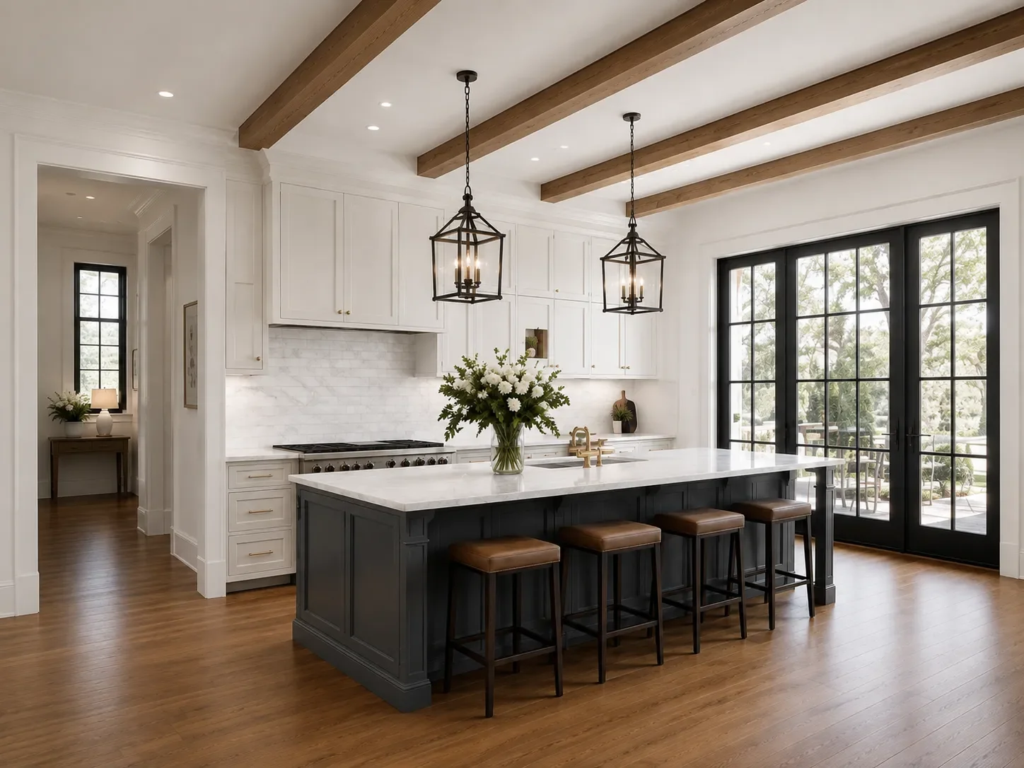 Luxury kitchen with professionally refinished white cabinets and painted island in Franklin, Tennessee.