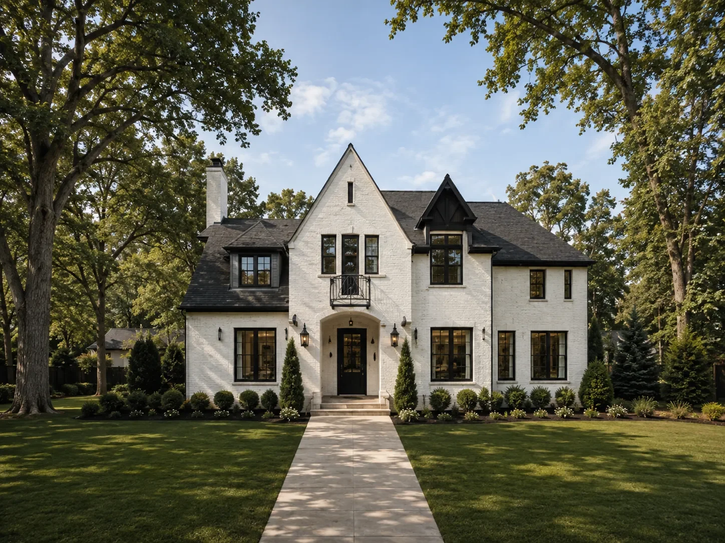 Luxury white painted brick home with black windows after exterior painting in Green Hills, Nashville.