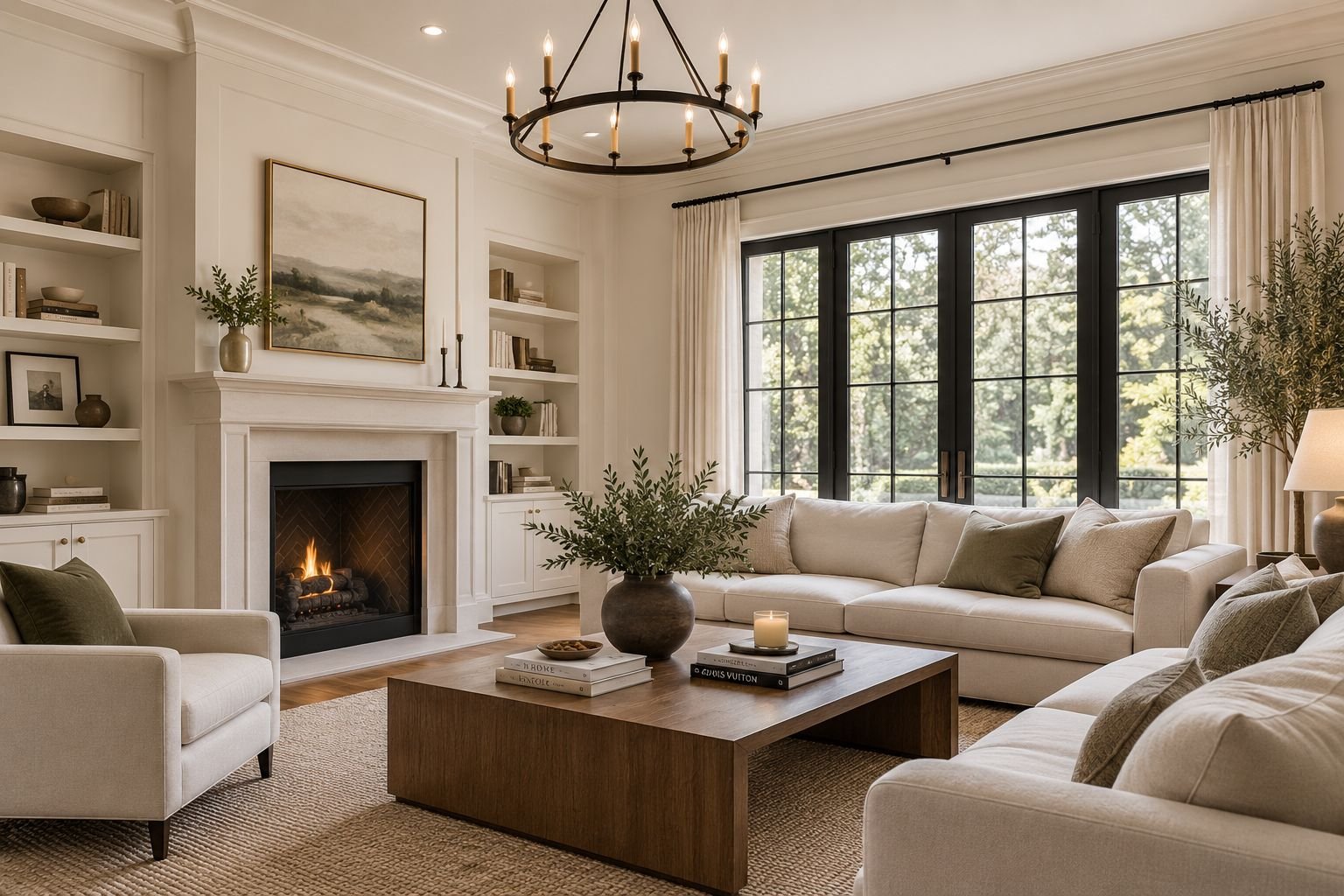 Bright living room with fireplace, built-in shelves and neutral painted walls