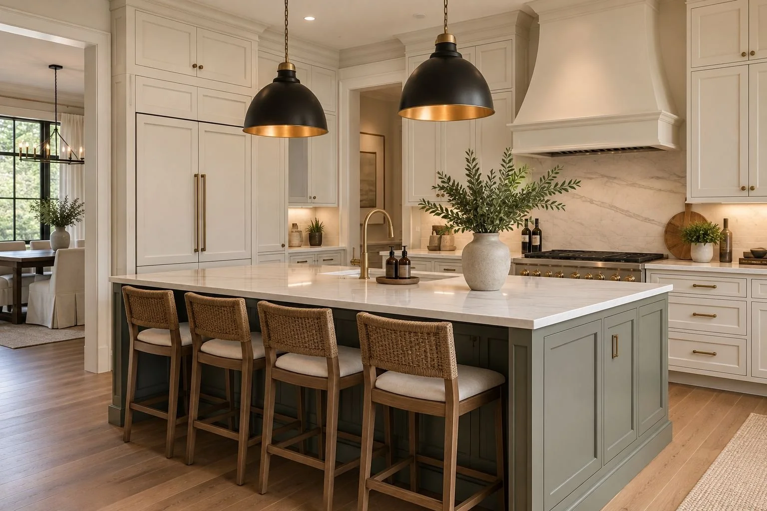 White painted kitchen cabinets with a sage green island and pendant lights