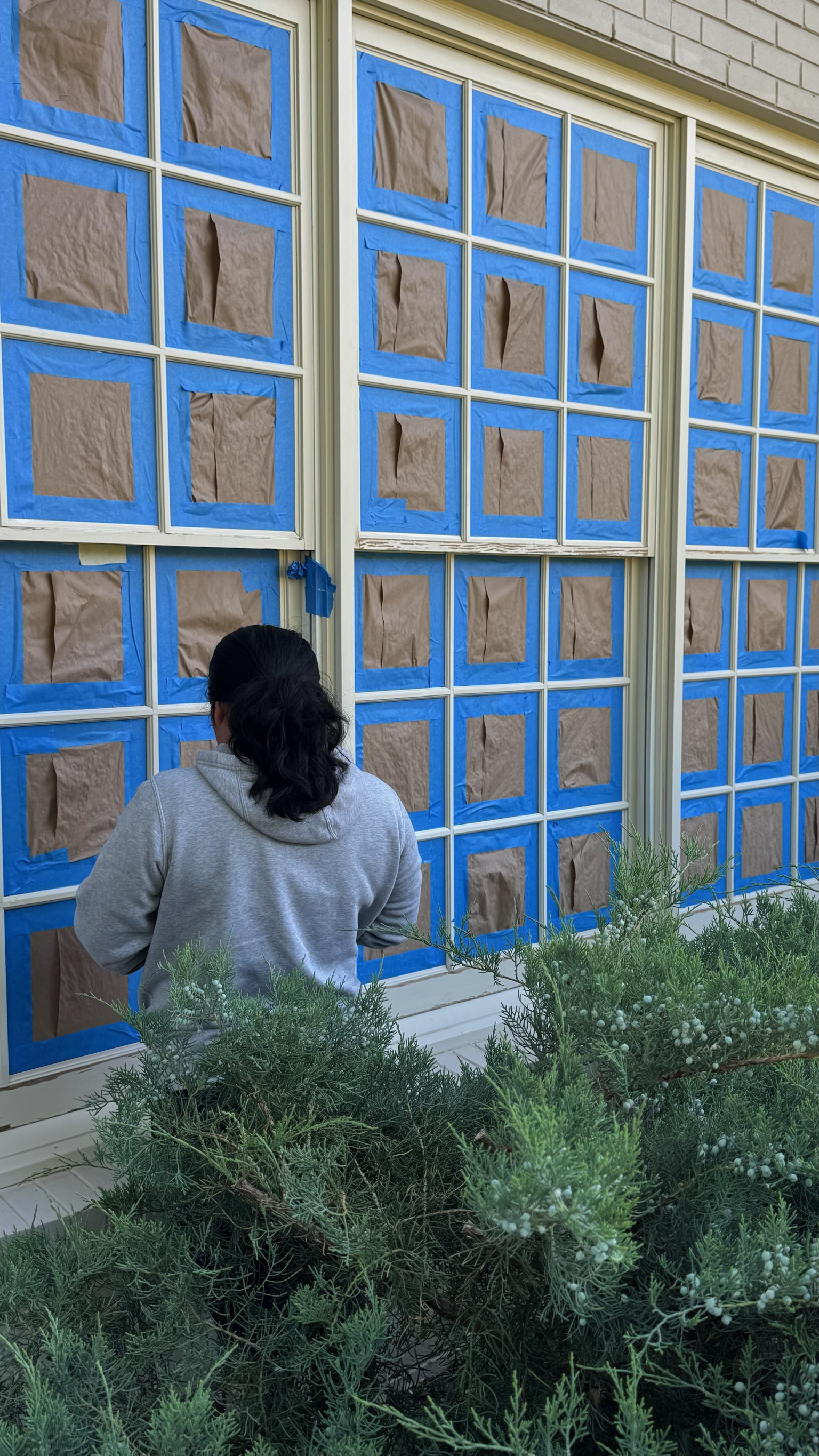 Detailed window masking and prep work on a Green Hills exterior repaint by The House Painters