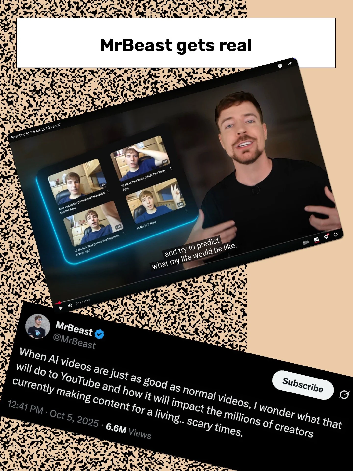 Even @mrbeast is speaking out about AI, sparking vital conversation about its place in creative media:
“When AI videos are just as good as normal videos, I wonder what that will do to YouTube and how it will impact the millions of creators cur