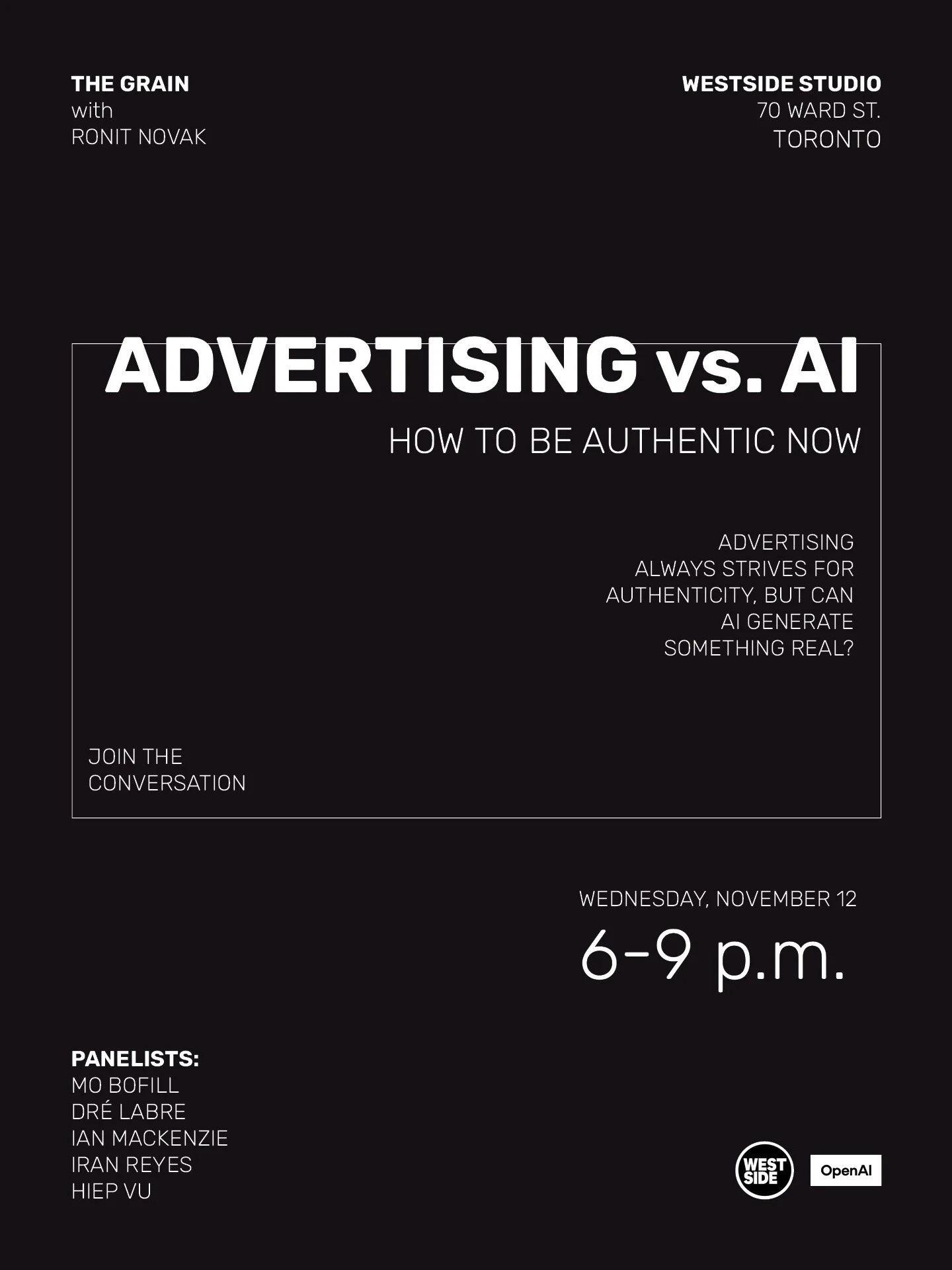 Don't sleep on this! 
ADVERTISING vs. AI: How to be authentic now
An all-star lineup of ad industry heavyweights will talk all things brand trust and how artificial intelligence is (or isn't) part of the conversation. 
@mobofill @123w.ca 
@drelabr