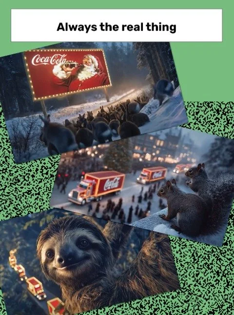 Latest from THE GRAIN Newsletter:

Always the real thing

Coca-Cola's AI generated Christmas commercial compresses humans and animals into one entity, while cleverly aligning their brand with the prevailing sentiment around AI&mdash;larger than life,