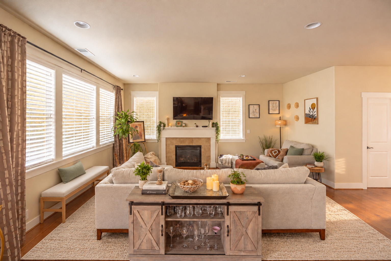 Oak bench and warm ivory rug.png