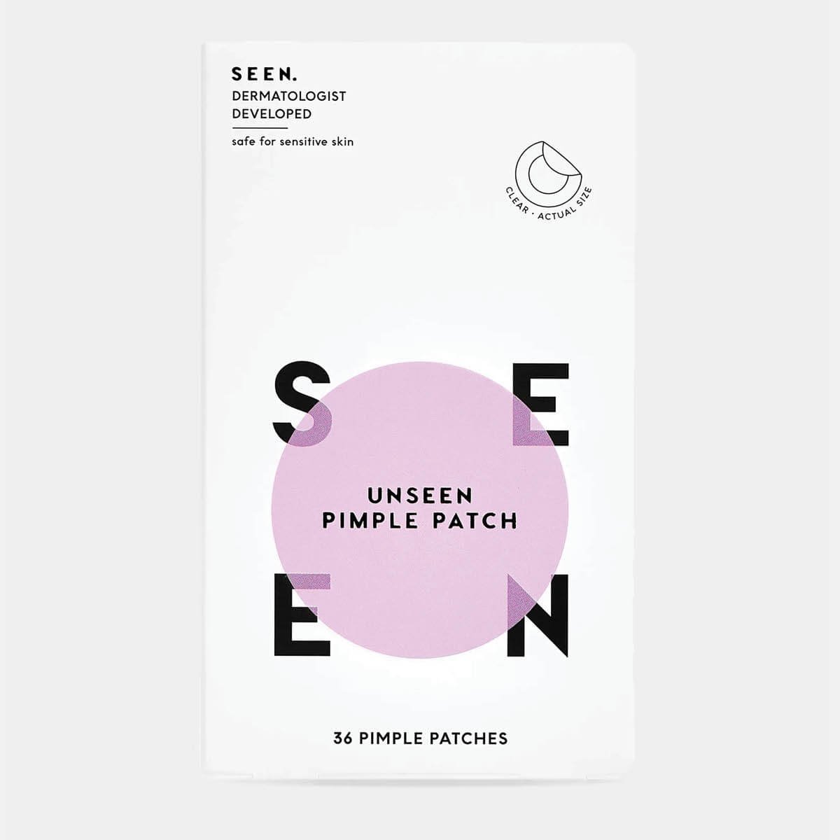 Packaging of SEEN Unseen Pimple Patch with 36 dermatologist-designed clear acne patches safe for sensitive and acne-prone skin.