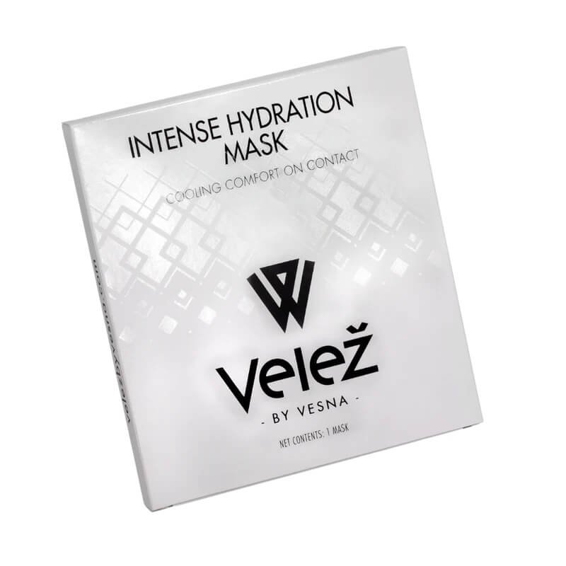 Velež Intense Hydration Mask product packaging featuring cooling comfort on contact for dry, irritated, or post-procedure skin.