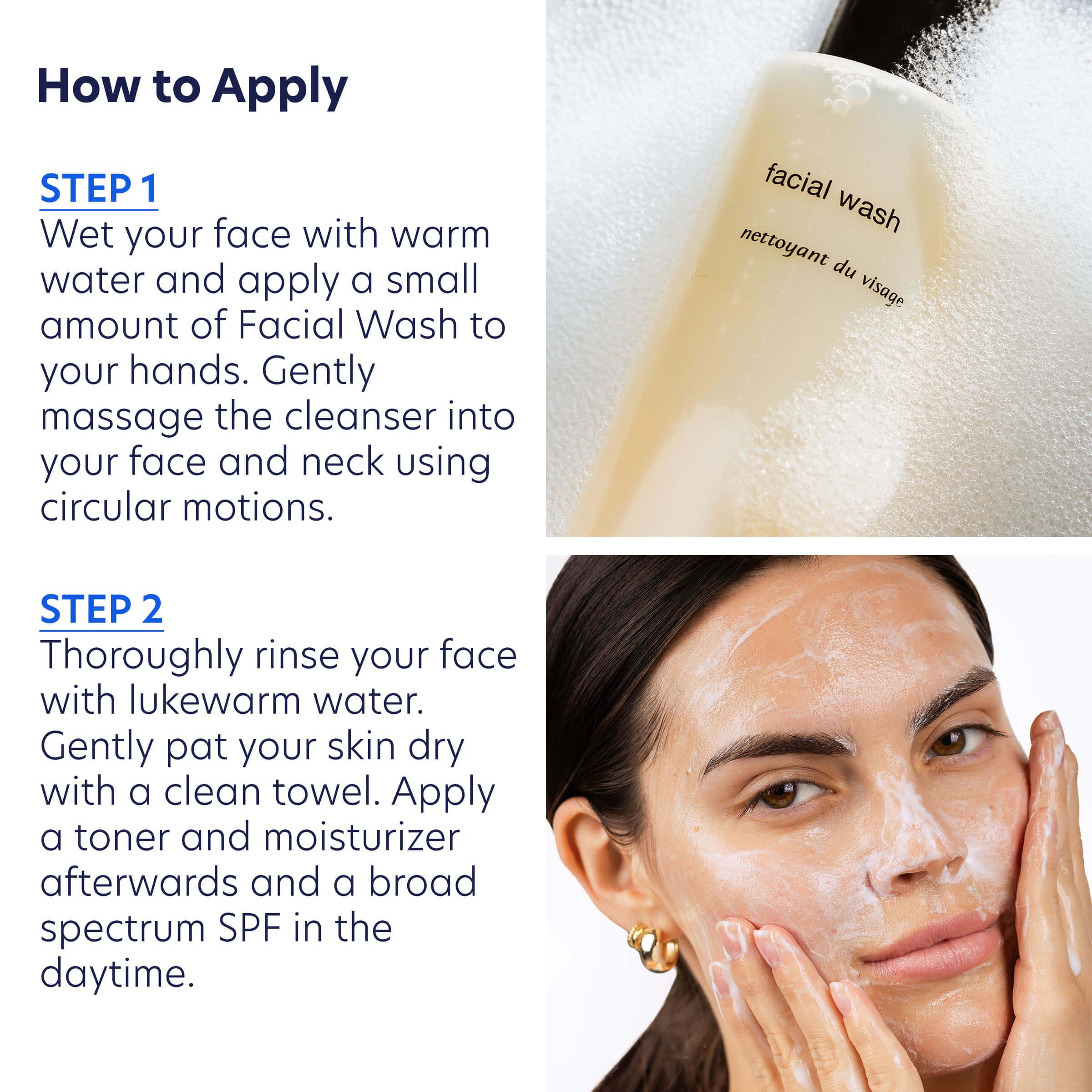Step-by-step visual showing how to apply PCA Facial Wash with close-up of product and model massaging cleanser into skin.