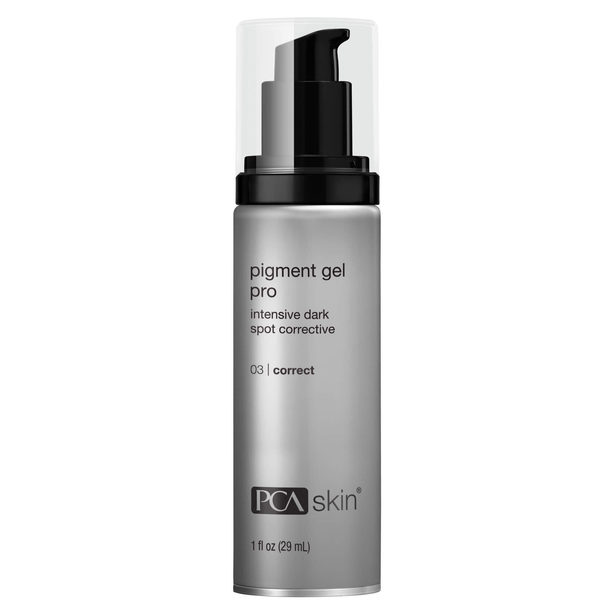 Bottle of PCA Skin Pigment Gel Pro intensive dark spot corrective serum for reducing discoloration and brightening skin tone.