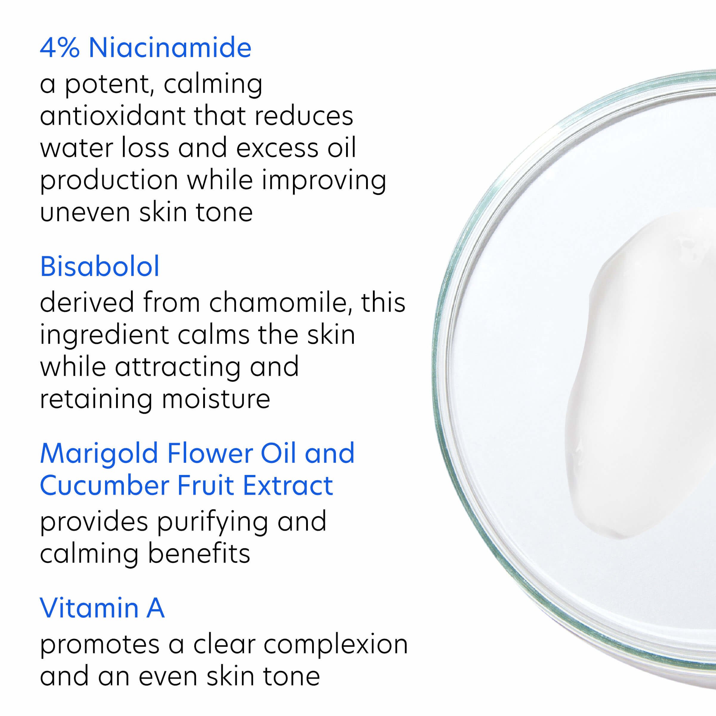PCA Skin Clearskin ingredient callouts, highlighting niacinamide, bisabolol, marigold oil, cucumber extract, and vitamin A benefits.