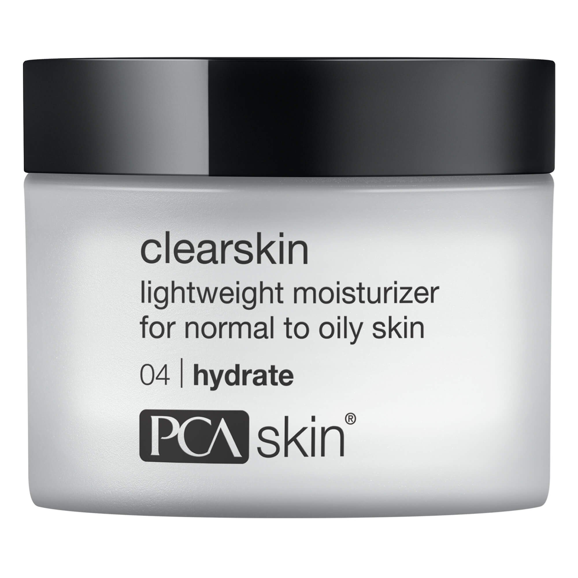 PCA Skin Clearskin jar on black background with box packaging, lightweight moisturizer for normal to oily skin.