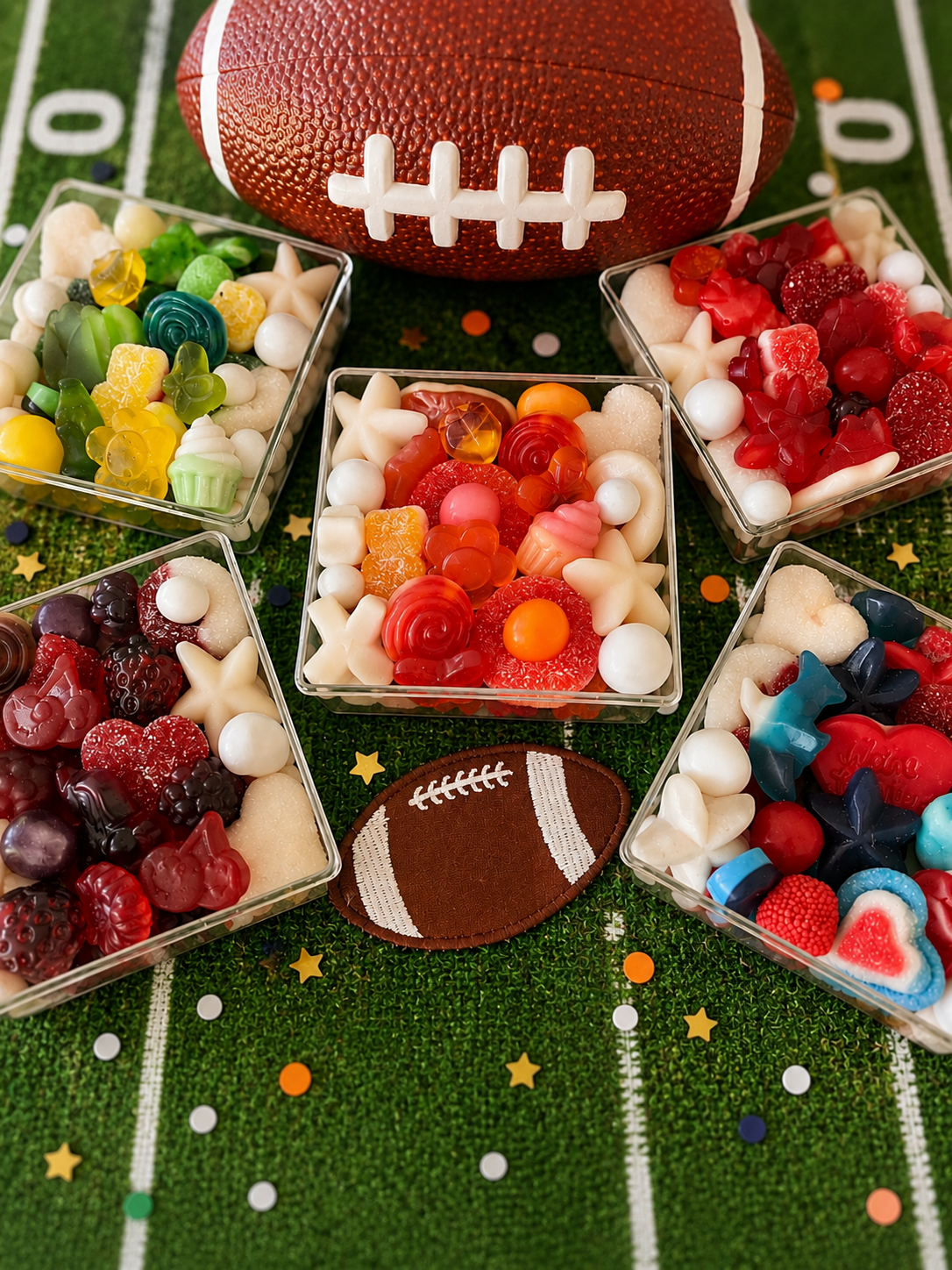 Football-themed gummy candy gift boxes in team colors, arranged around a football for game day tailgates and watch parties